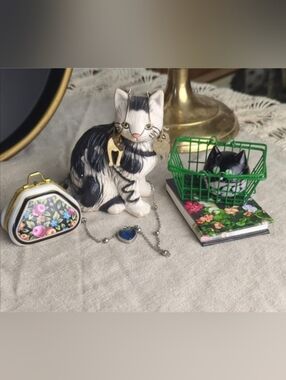 Whimsical Cat Lover Bundle Figurine Paperweight Notebook Earrings Mood Necklace